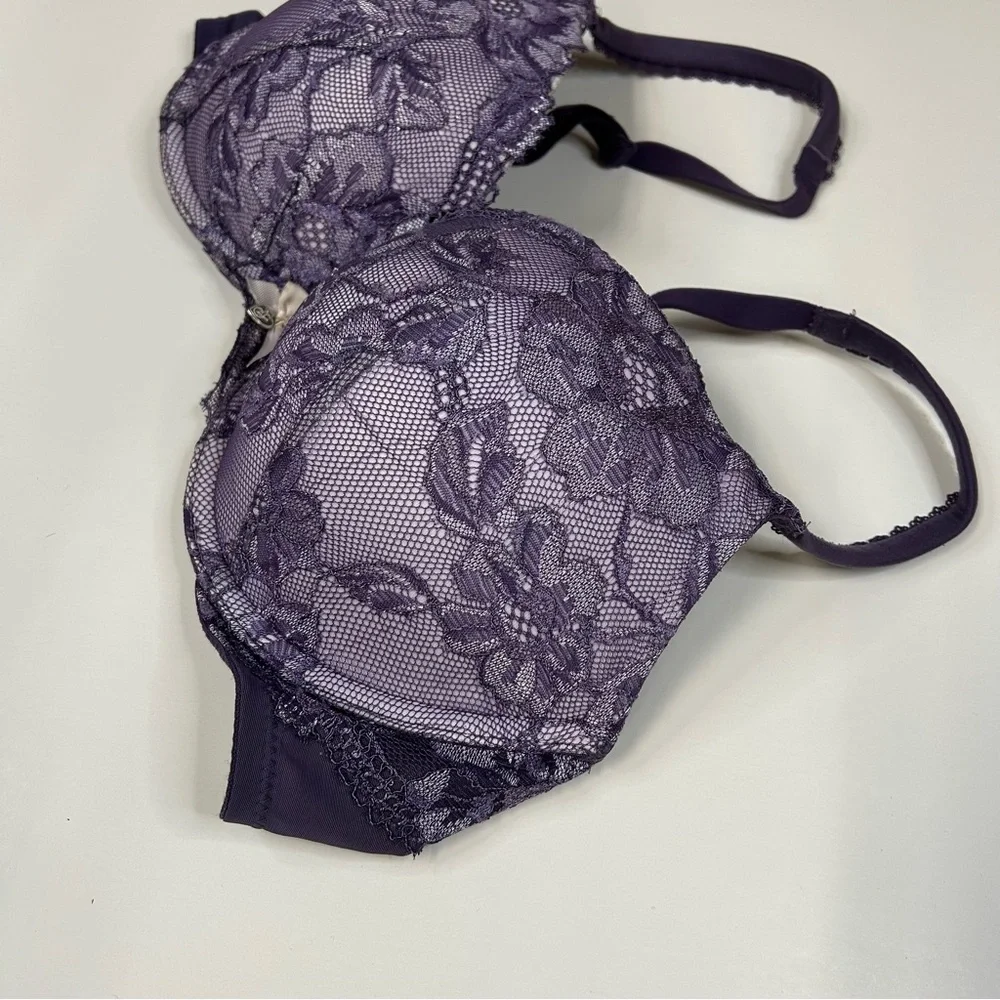Body Victorias Secret 34D Pushup Bra Padded Purple Floral Lace Underwire #0466 - Picture 5 of 11